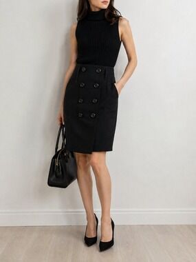 Burberry London Black Double Breasted Pencil Skirt Size 38 0774